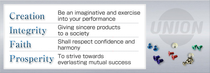 Creation　Be an imaginative and exercise into your performance　Integrity　giving sincere products to a society　Faith　Shall respect confidence and harmony　Prosperity　To strive towards everlasting mutual success